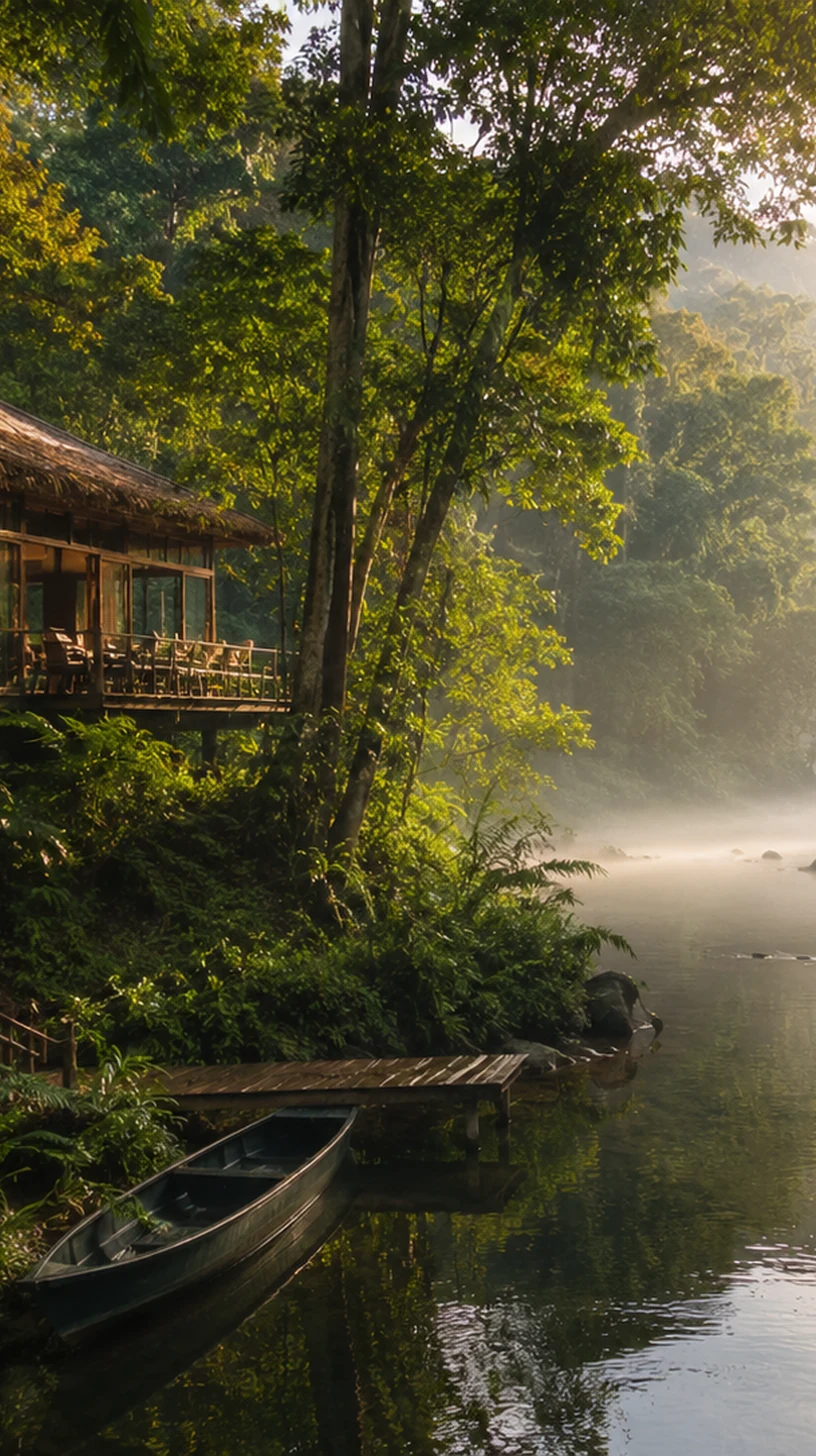 Illustrated Malaysian rainforest waterfall with mist and emerald jungle leaves
