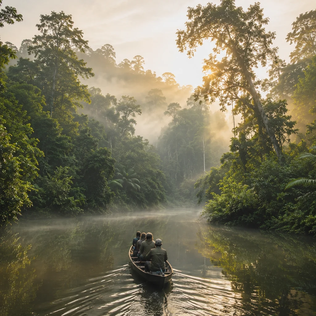 Borneo river with dense emerald jungle on both banks